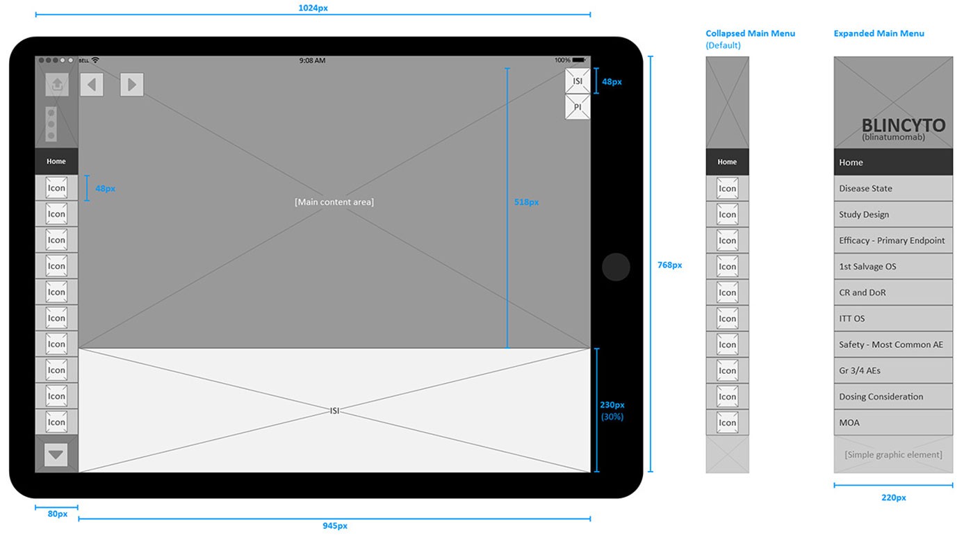 BLINCYTO iCVA wireframe with layout specifications