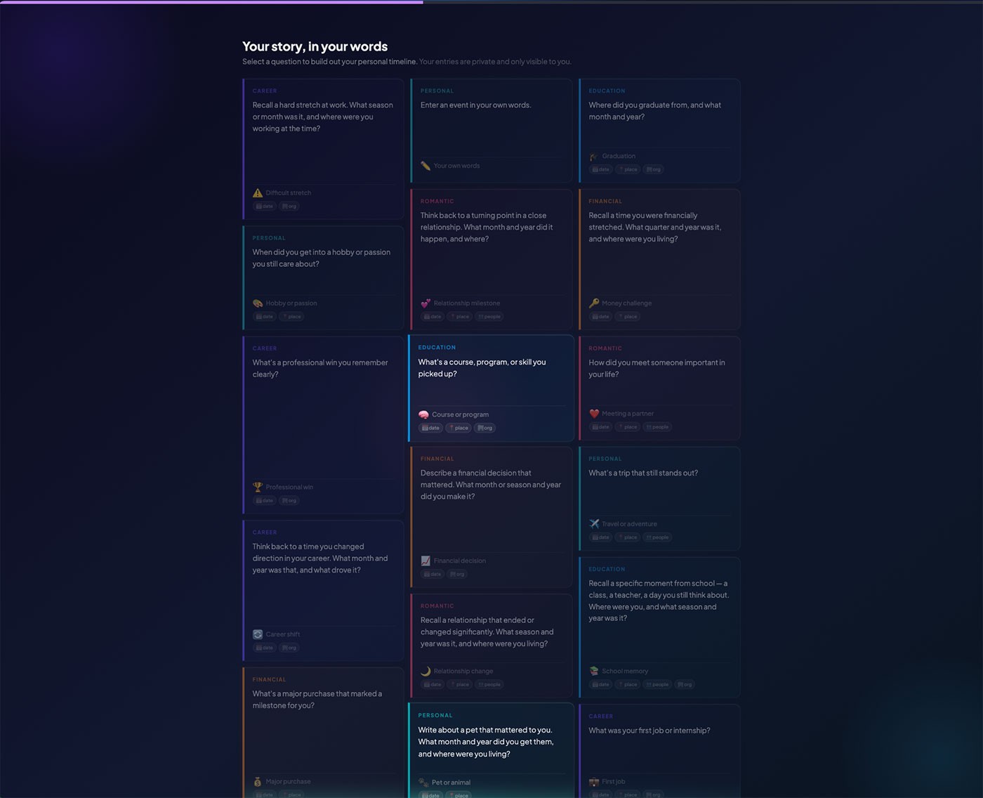 Question Card Grid — Stage 3 immersive onboarding session