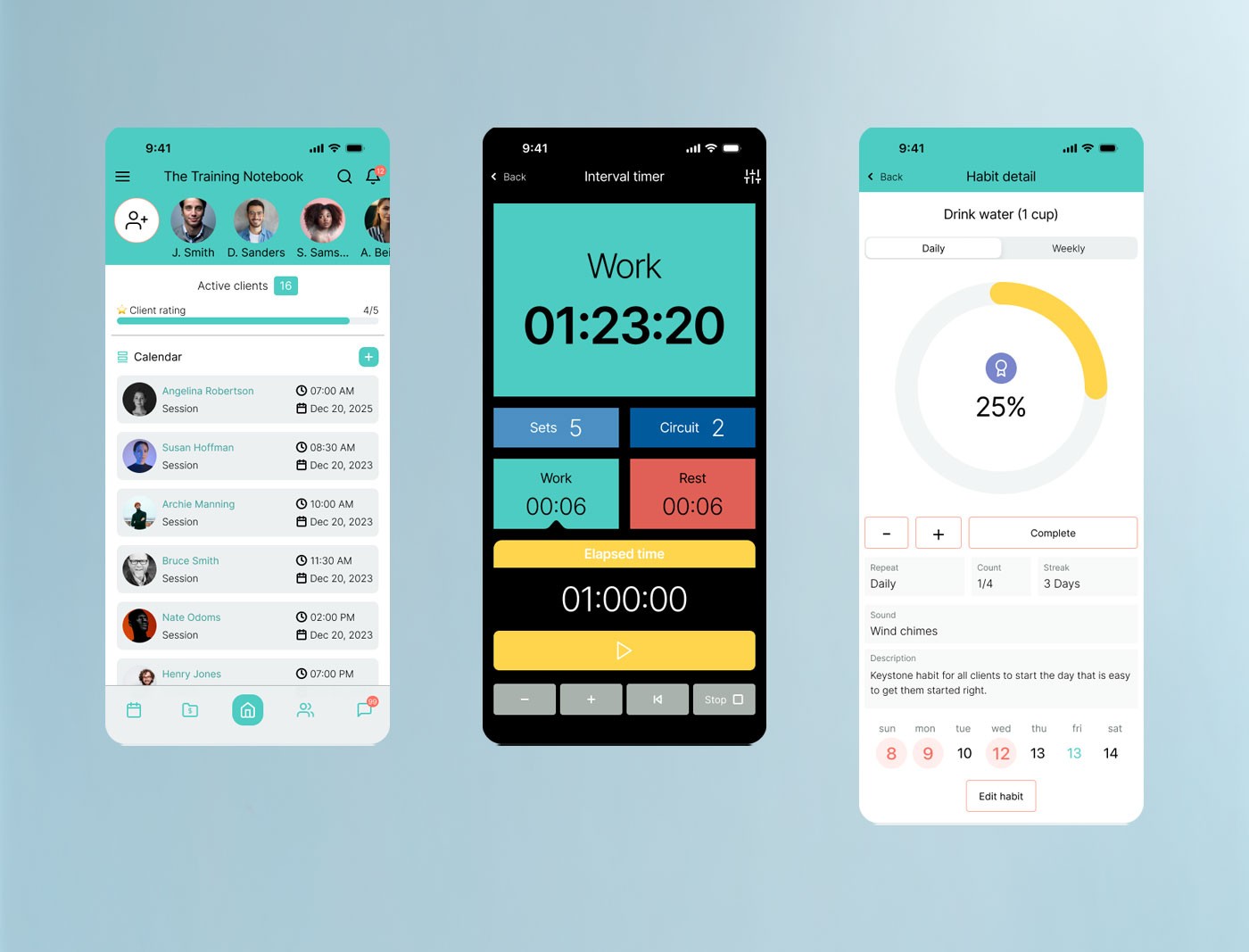 Training Notebook — client dashboard, interval timer, and habit detail screens