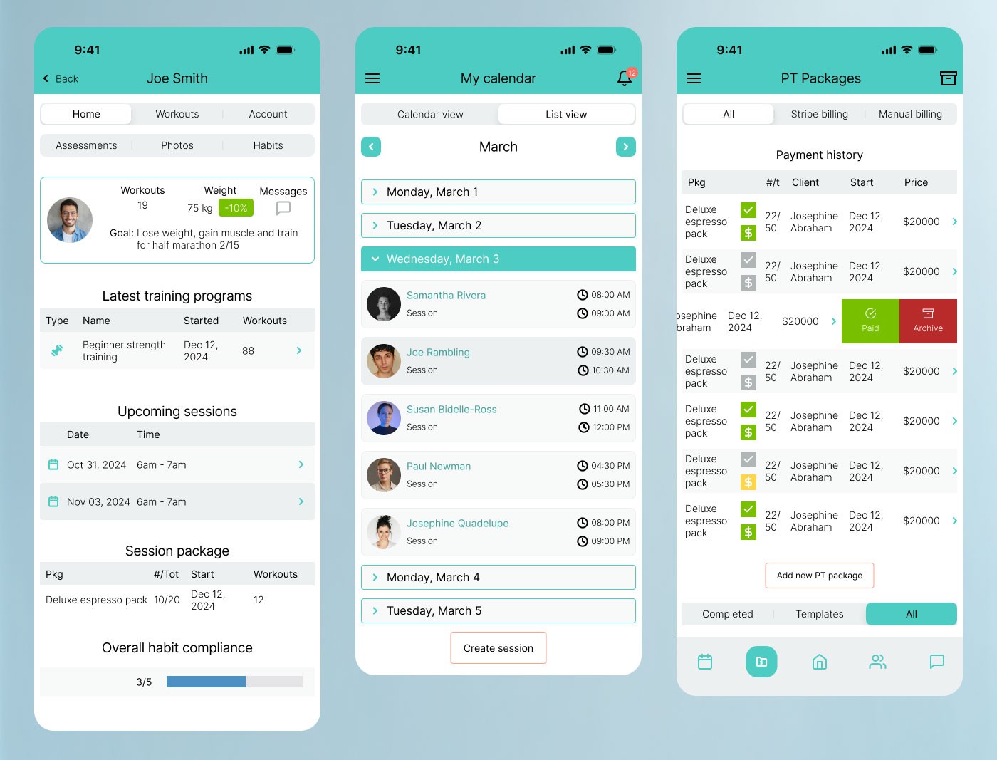 Training Notebook — client profile, calendar session list, and billing screens