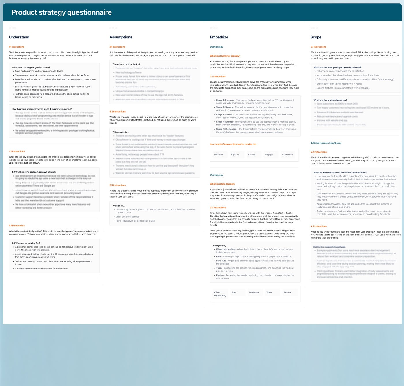 Product strategy questionnaire — Understand, Assumptions, Empathize, Scope